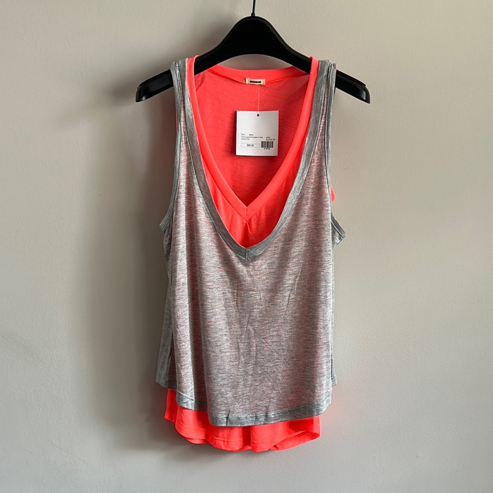 Monrow Layered Double V Gray & Neon Orange Sleeveless Tank Top